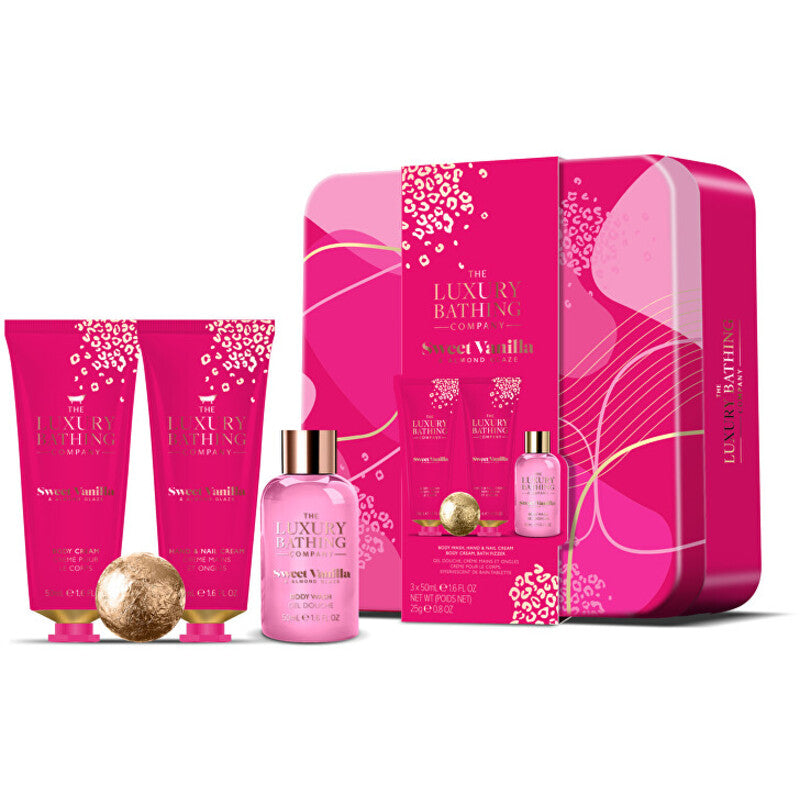 „Grace Cole“ kūno priežiūros rinkinys skardinėje dėžutėje (vanilės ir migdolų) – kūno priežiūros dovanų rinkinys skardinėje