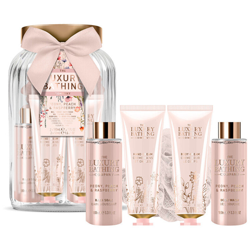„Luxury Bathing Company“ dovanų rinkinys stikliniame indelyje (bijūnų, persikų ir aviečių)