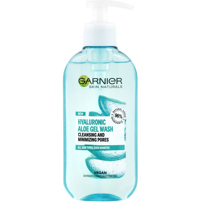 GARNIER hialurono rūgšties alavijo prausimosi gelis, valomasis ir poras mažinantis – valomasis gelis visiems odos tipams.