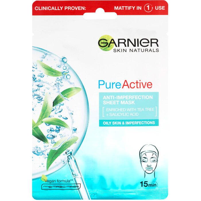 GARNIER Skin Naturals Pure Active – drėkinamoji tekstilinė kaukė nuo netobulumų, praturtinta arbatmedžiu ir salicilo rūgštimi