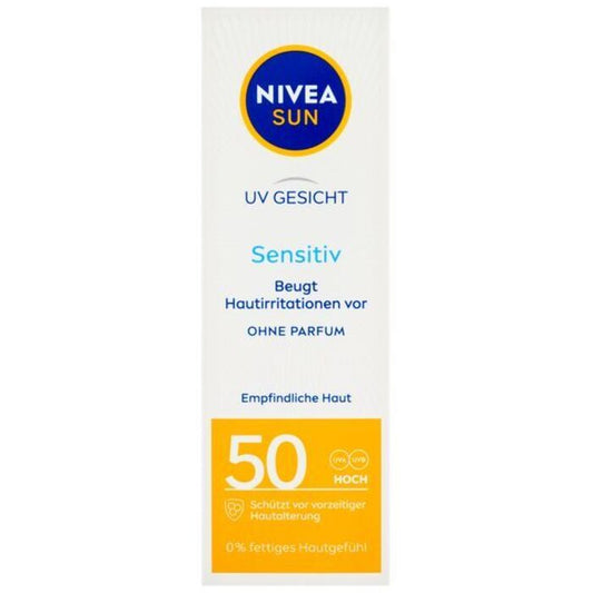 „Nivea Sensitive SPF 50“ apsauga nuo saulės, skirta jautriai odai nuo alergijos – apsaugos nuo saulės priemonė