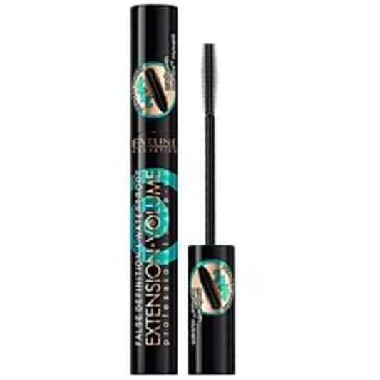 Eveline Cosmetics Extension Volume Waterproof blakstienų tušas Black – vireniui atsparus ilginantis tušas papildomos apimties 10 ml