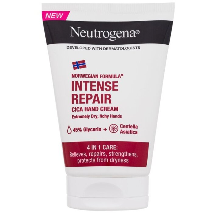 „Neutrogena Norwegian Formula Intense Repair Cica“ rankų kremas – rankų kremas labai sausai ir niežtinčiai odai nuraminti.