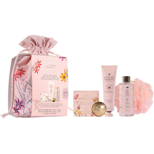 „Grace Cole“ bijūnų vonios priežiūros rinkinys (bijūnų, persikų ir aviečių) – kūno priežiūros dovanų rinkinys maišelyje, 5 vnt.